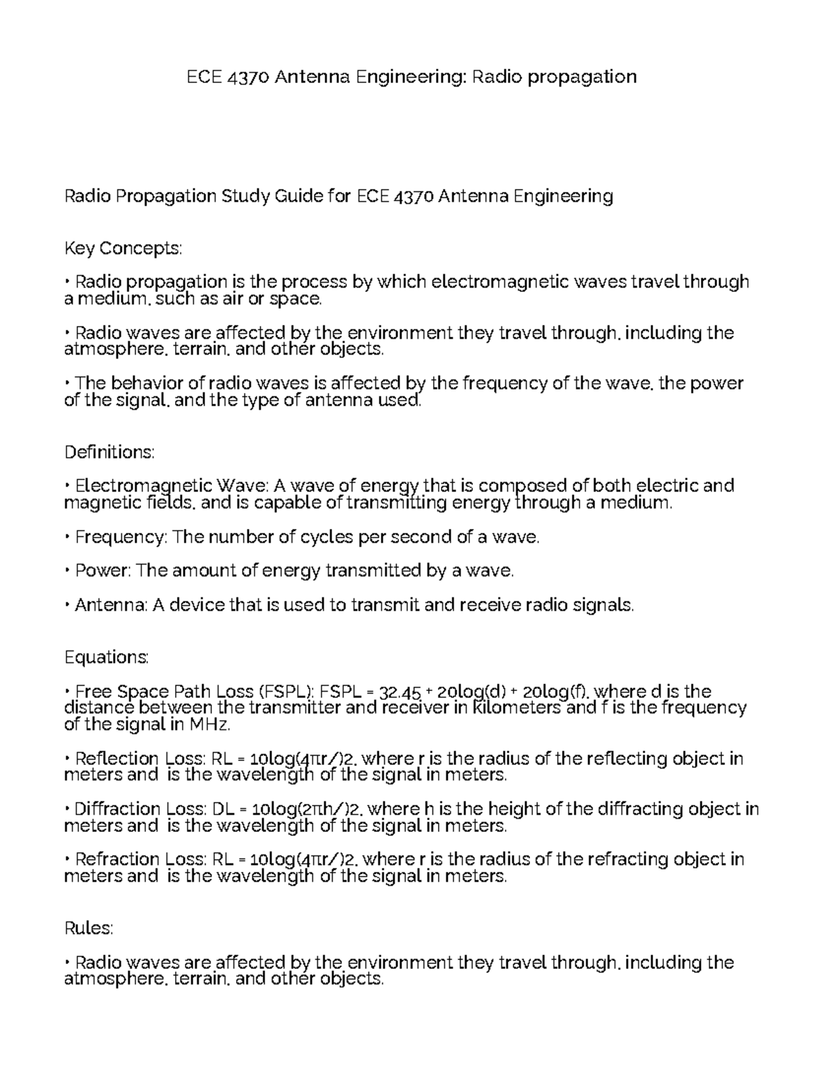 NotesECE 4370 Antenna Engineering Radio Propagation ECE 4370