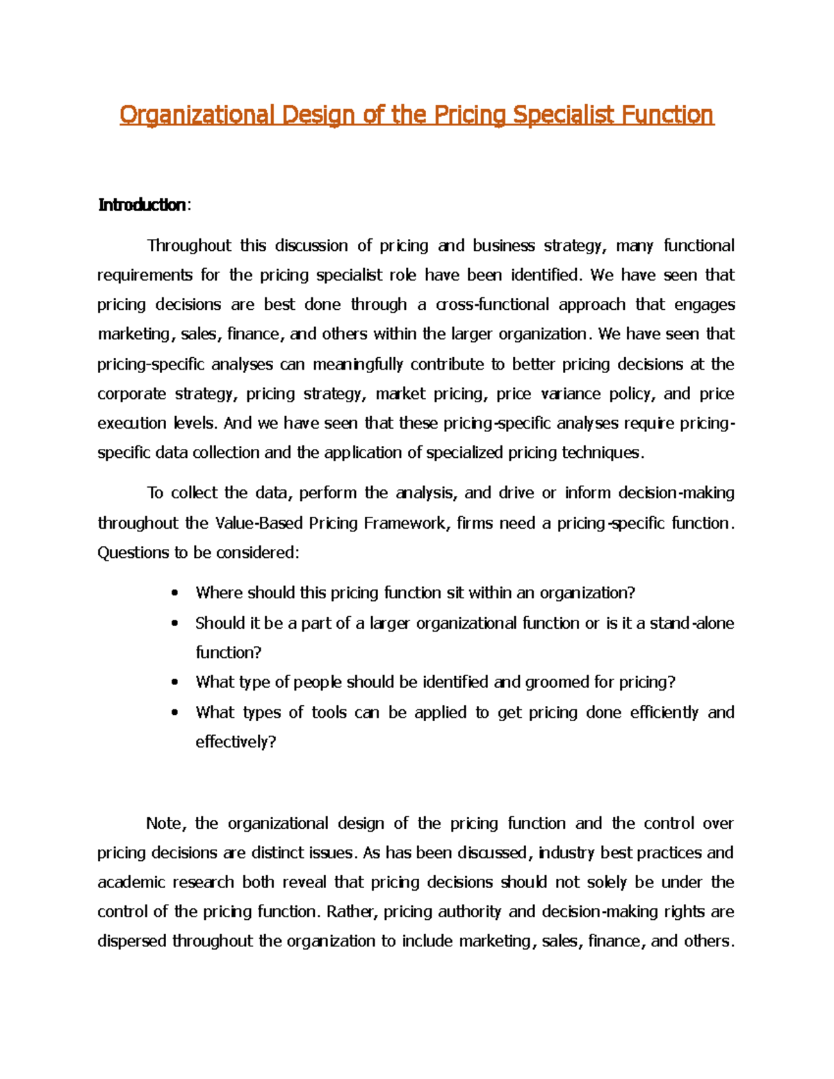 Organizational Design of the Pricing Specialist Function ...