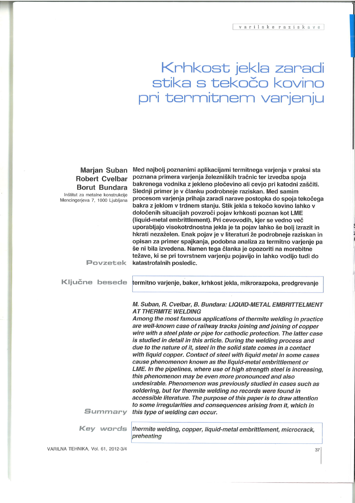 M. Suban In R.C. B.B Krhkost Jekla Zaradi Stika S Tekočo Kovino Pri ...