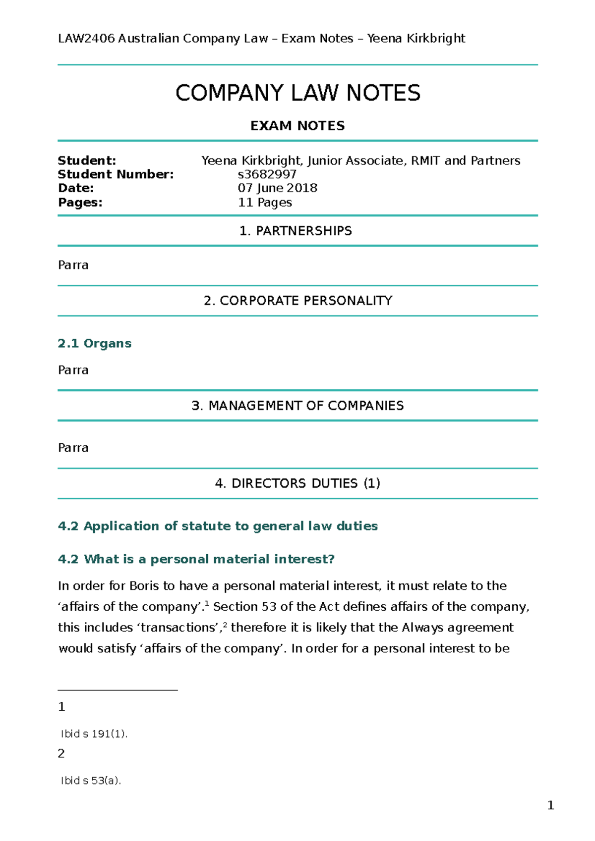 Company Law Exam Notes - COMPANY LAW NOTES EXAM NOTES Student: Yeena ...
