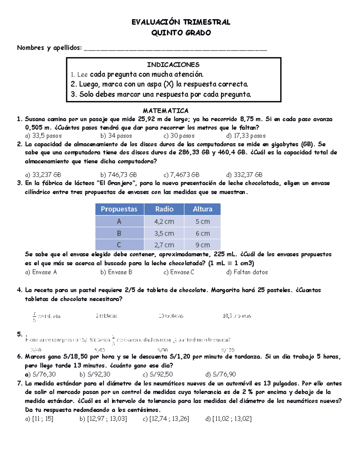 Evaluacion Trimestral Quinto Grado - EVALUACIÓN TRIMESTRAL QUINTO GRADO ...