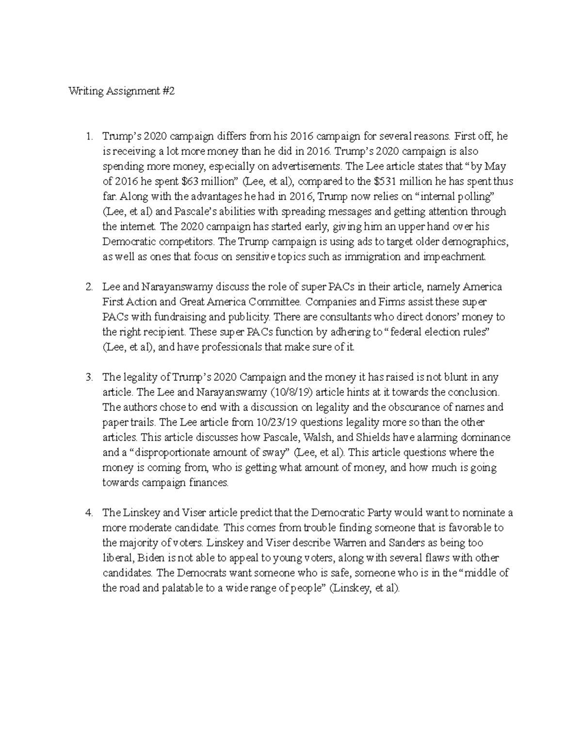 Class Notes, 2nd Writing Assignment - Writing Assignment # Trump’s 2020 ...