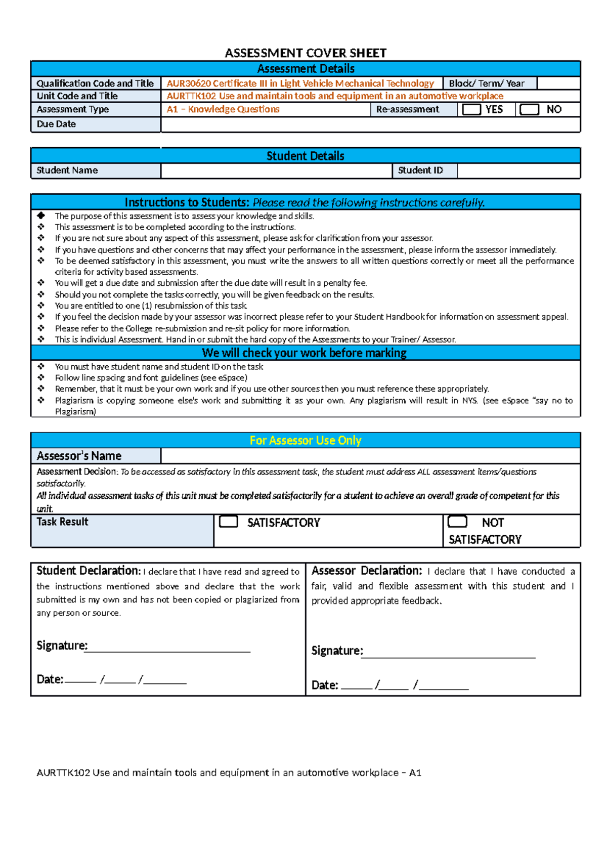 Aurttk 102 Assessment 1 Knowledge Questions - Assessment Cover Sheet 