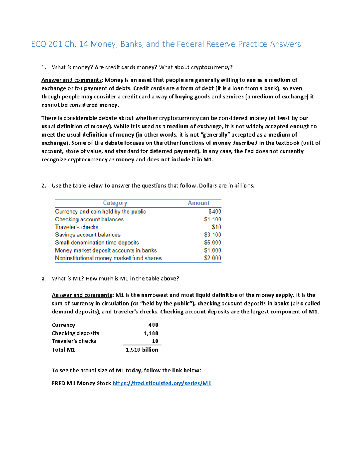 ECO 201 Ch. 14 Practice (answers) - ECO 201 Ch. 14 Money, Banks, and the  Federal Reserve Practice - StuDocu
