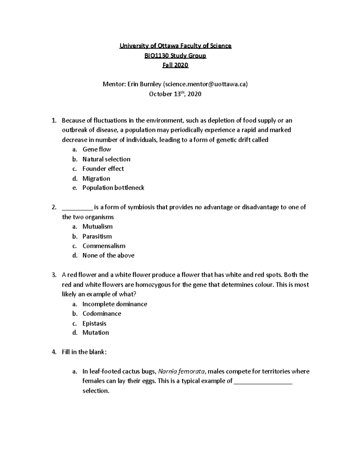 BIO 1130 Study Group 4 Worksheet - University of Ottawa Faculty of ...