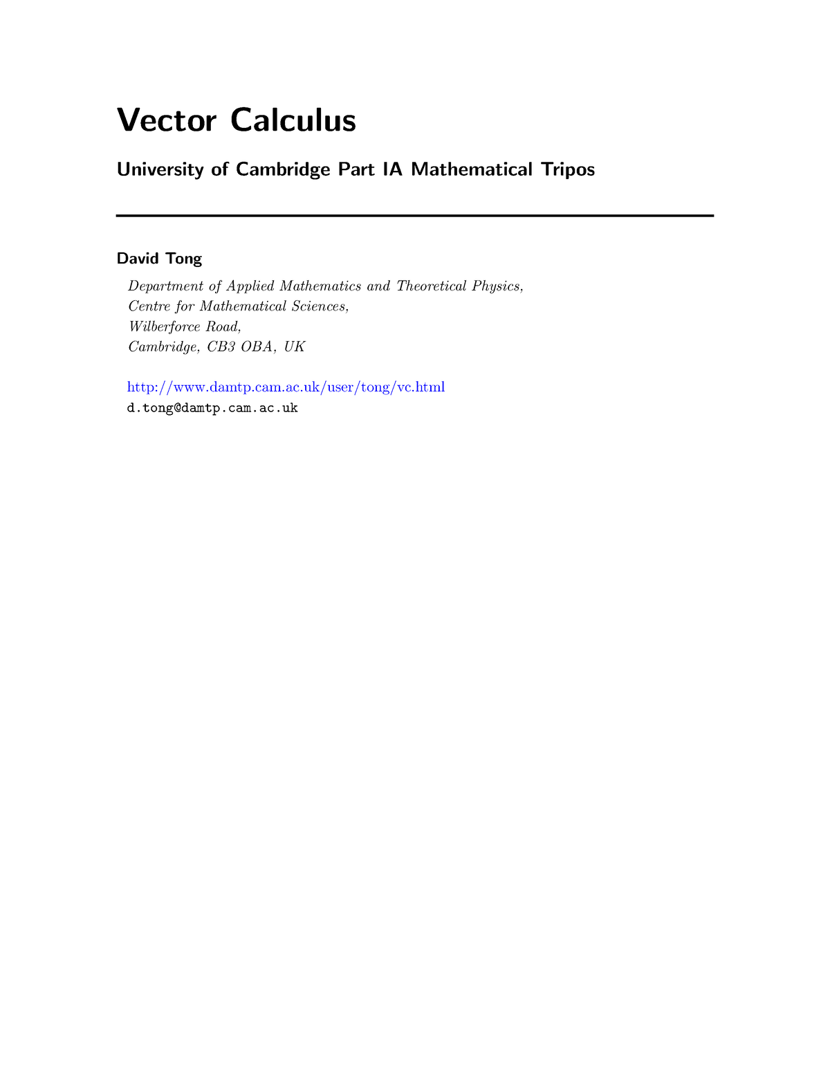 Vector calculus Vector Calculus University of Cambridge Part IA