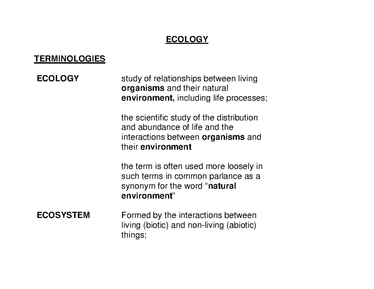 Ecology Terms - ECOLOGY TERMINOLOGIES ECOLOGY study of relationships ...