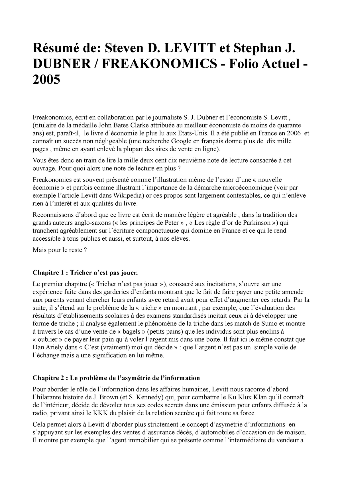 Résumé Freakonomics - Résumé De: Steven D. Levitt Et Stephan J. Dubner /  Freakonomics - Folio Actuel - Studocu