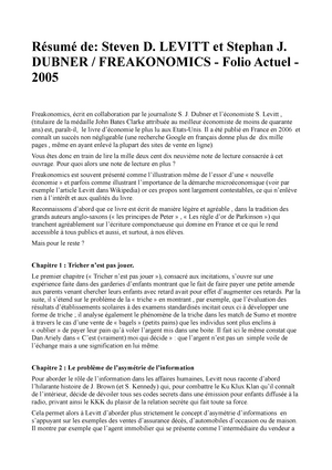 Résumé Freakonomics - Résumé De: Steven D. Levitt Et Stephan J. Dubner /  Freakonomics - Folio Actuel - Studocu