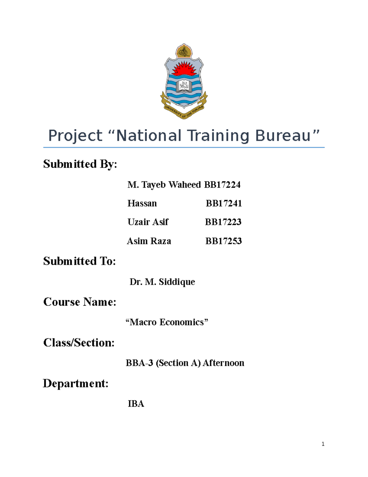 Macro Economics - Project “National Training Bureau” Submitted By: M ...