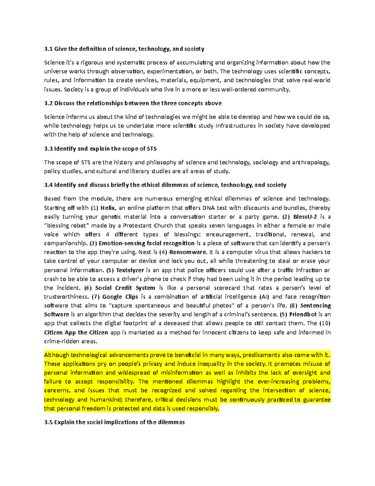 Dilemma - 3 Give the definition of science, technology, and society ...