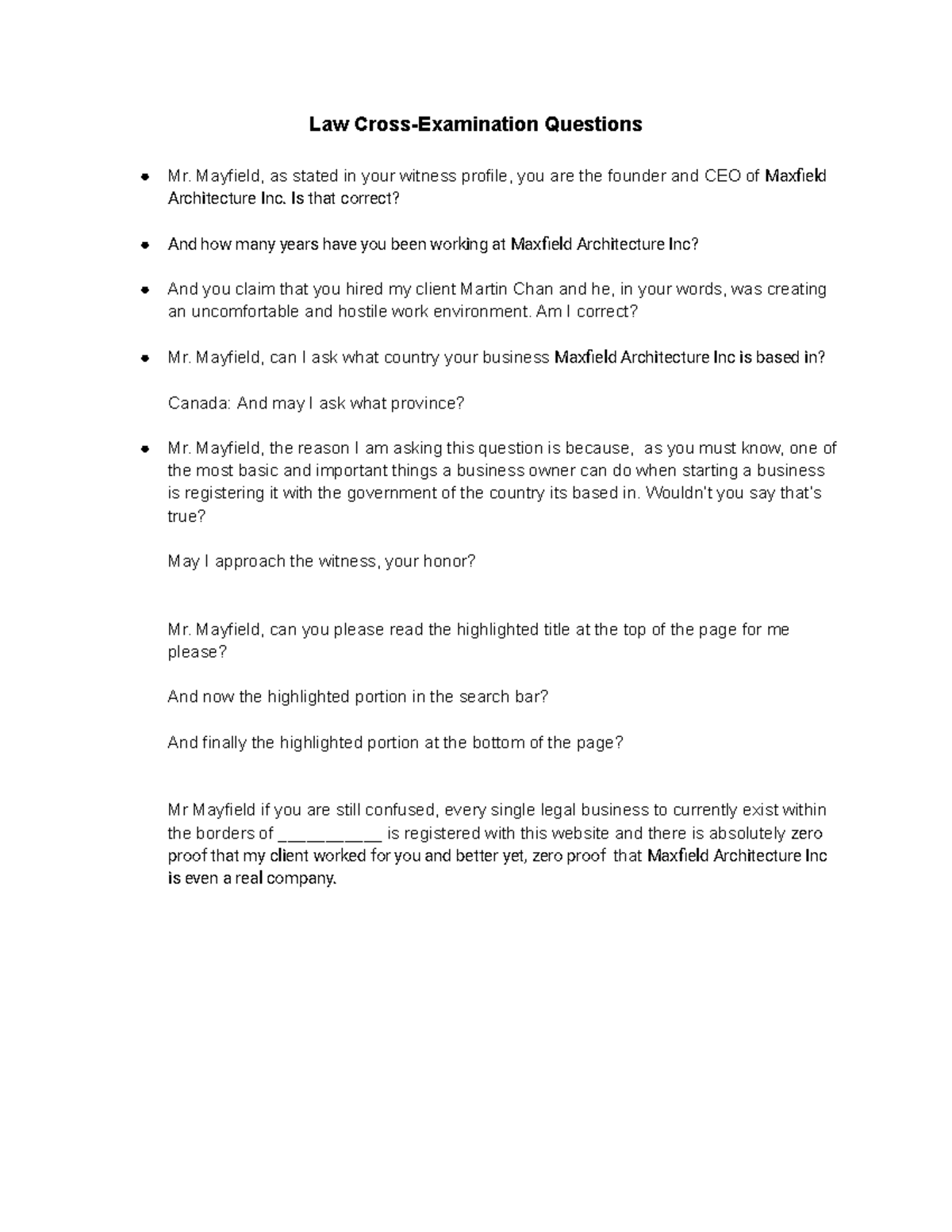 Law Cross-Examination Questions - Mayfield, as stated in your witness ...