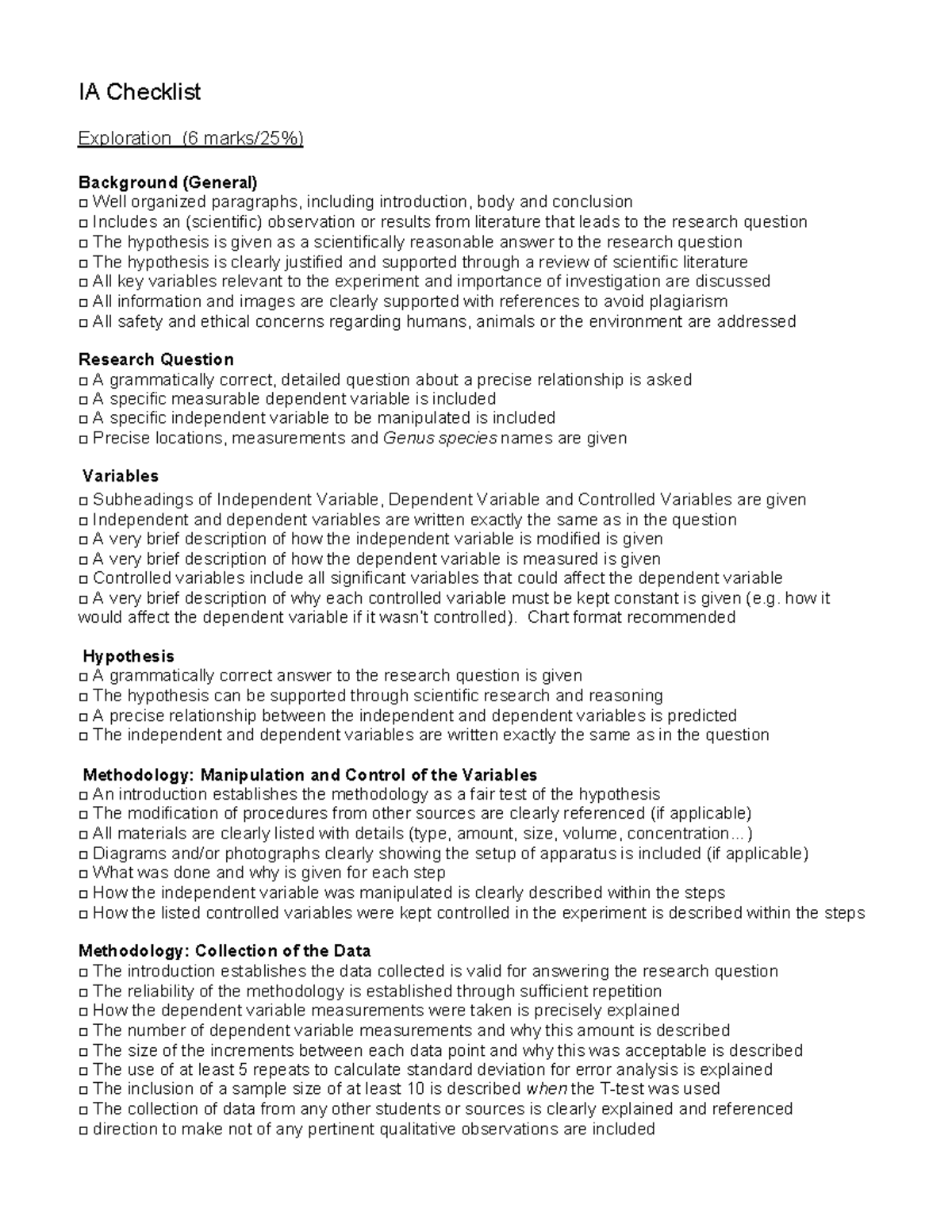 IA Checklist - IA Checklist Exploration (6 Marks/25%) Background ...