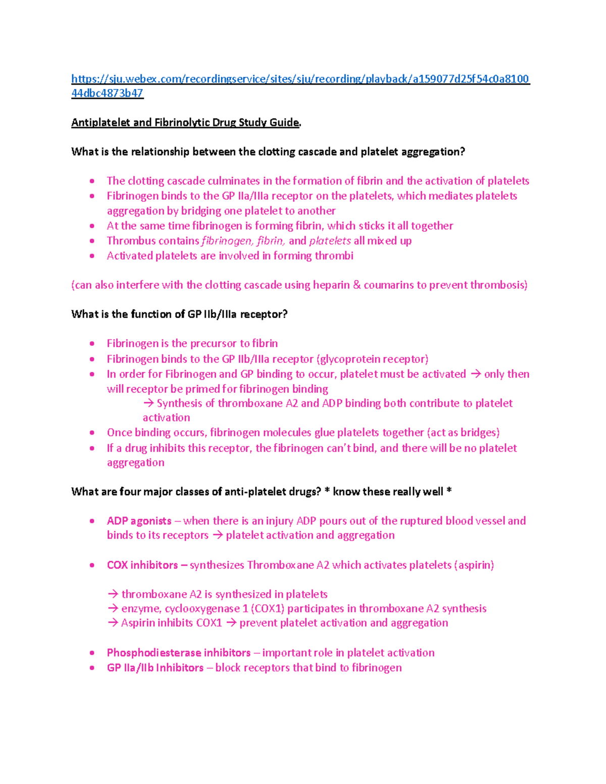 Pharm Study Guide - Antiplatelet and Fibrinolytics - - Studocu