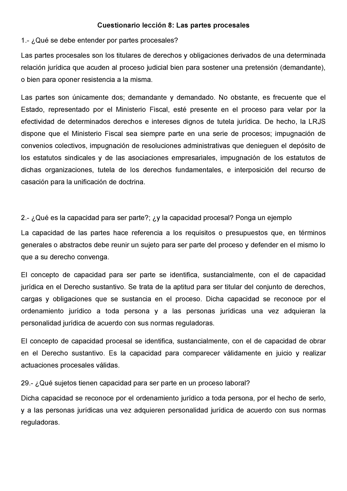 Cuestionario lección Qué se debe entender por partes procesales Las partes procesales son