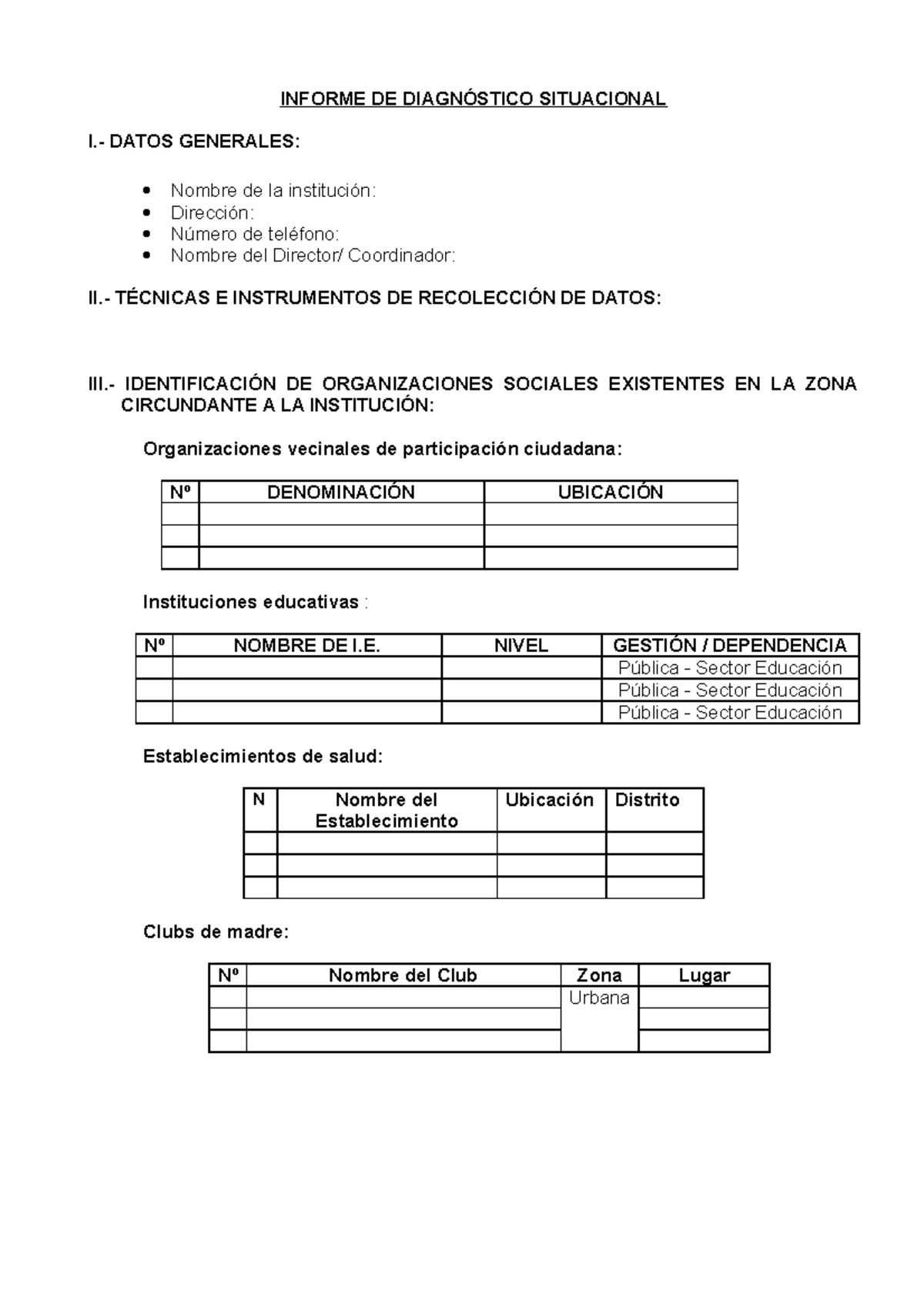 Esquema Informe Diagnóstico Situacional - INFORME DE DIAGNÓSTICO ...