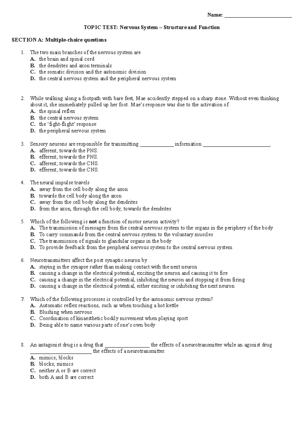 Nervous System Structure AND Function - Topic TEST - Name ...