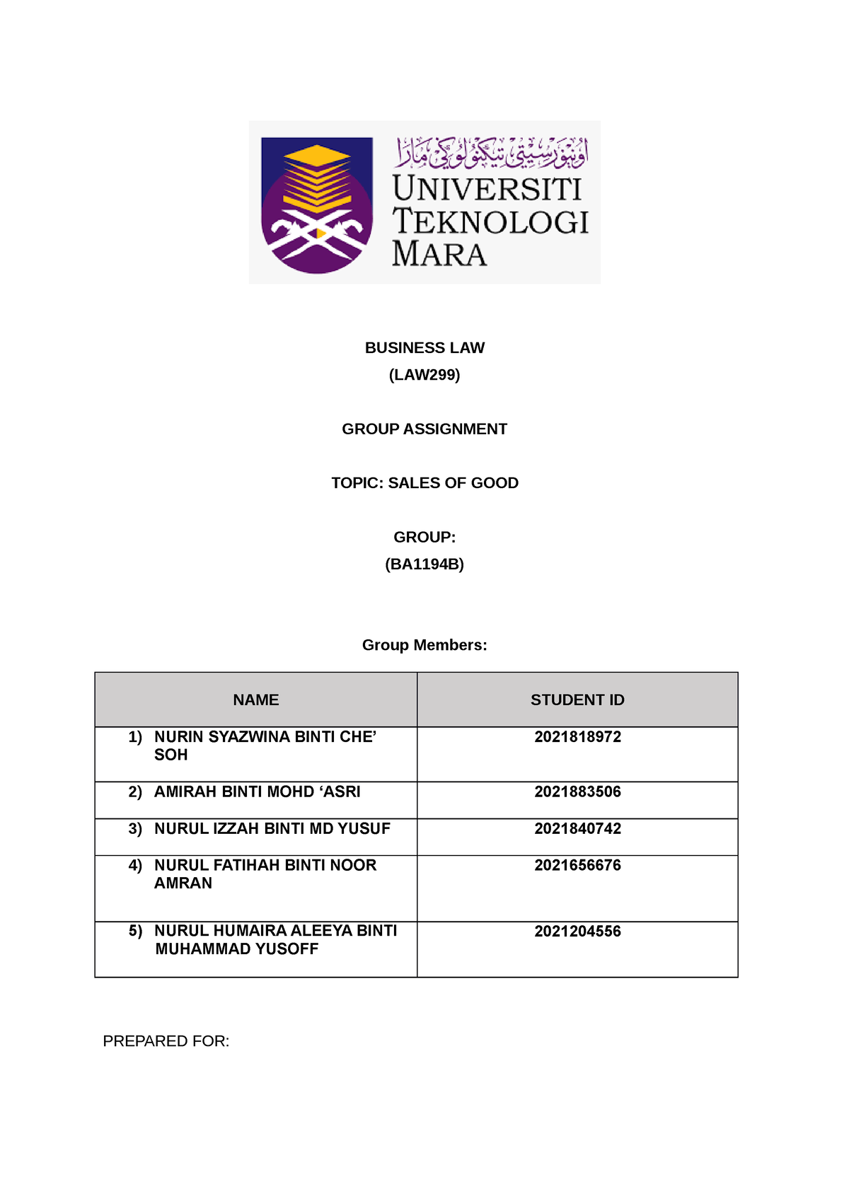 Assignment Group LAW299 - BUSINESS LAW (LAW299) GROUP ASSIGNMENT TOPIC ...