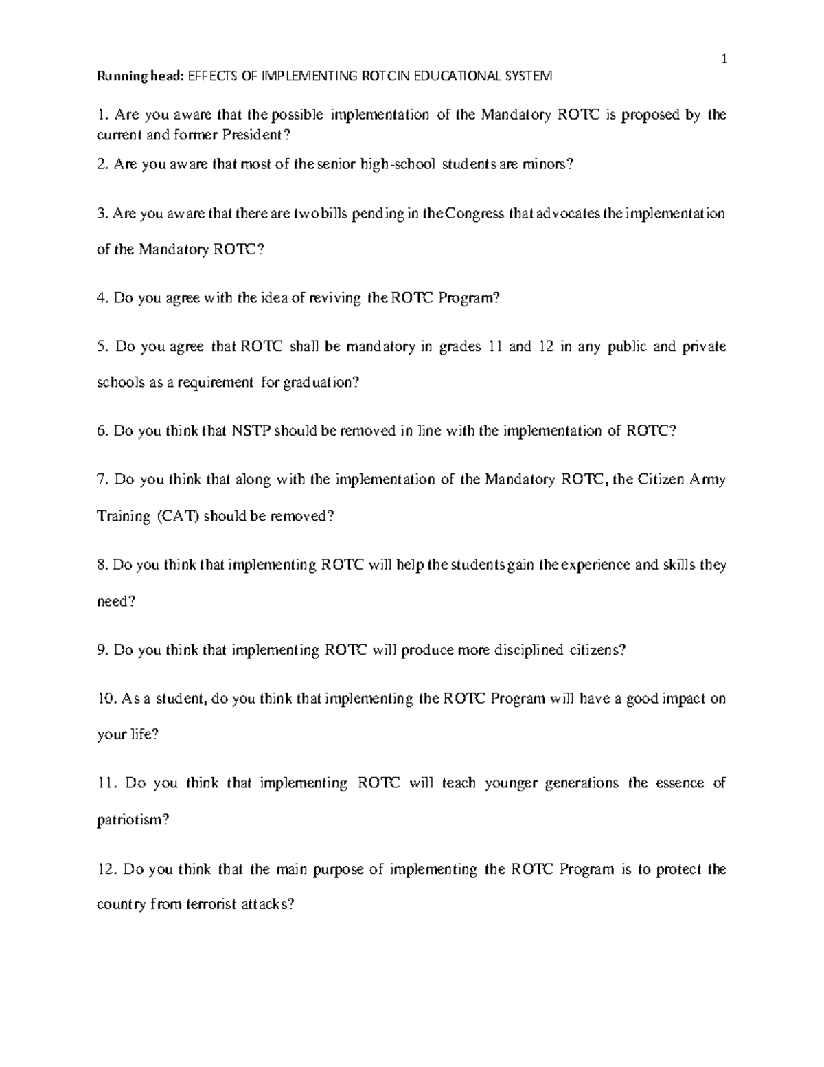 Questions - research - Running head: EFFECTS OF IMPLEMENTING ROTC IN ...