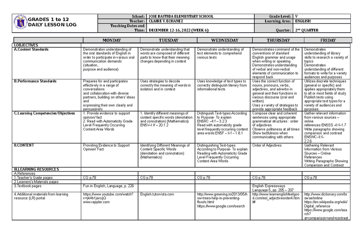 DLL English 5 Q2 W6 - GRADES 1 to 12 DAILY LESSON LOG School: JOSE ...