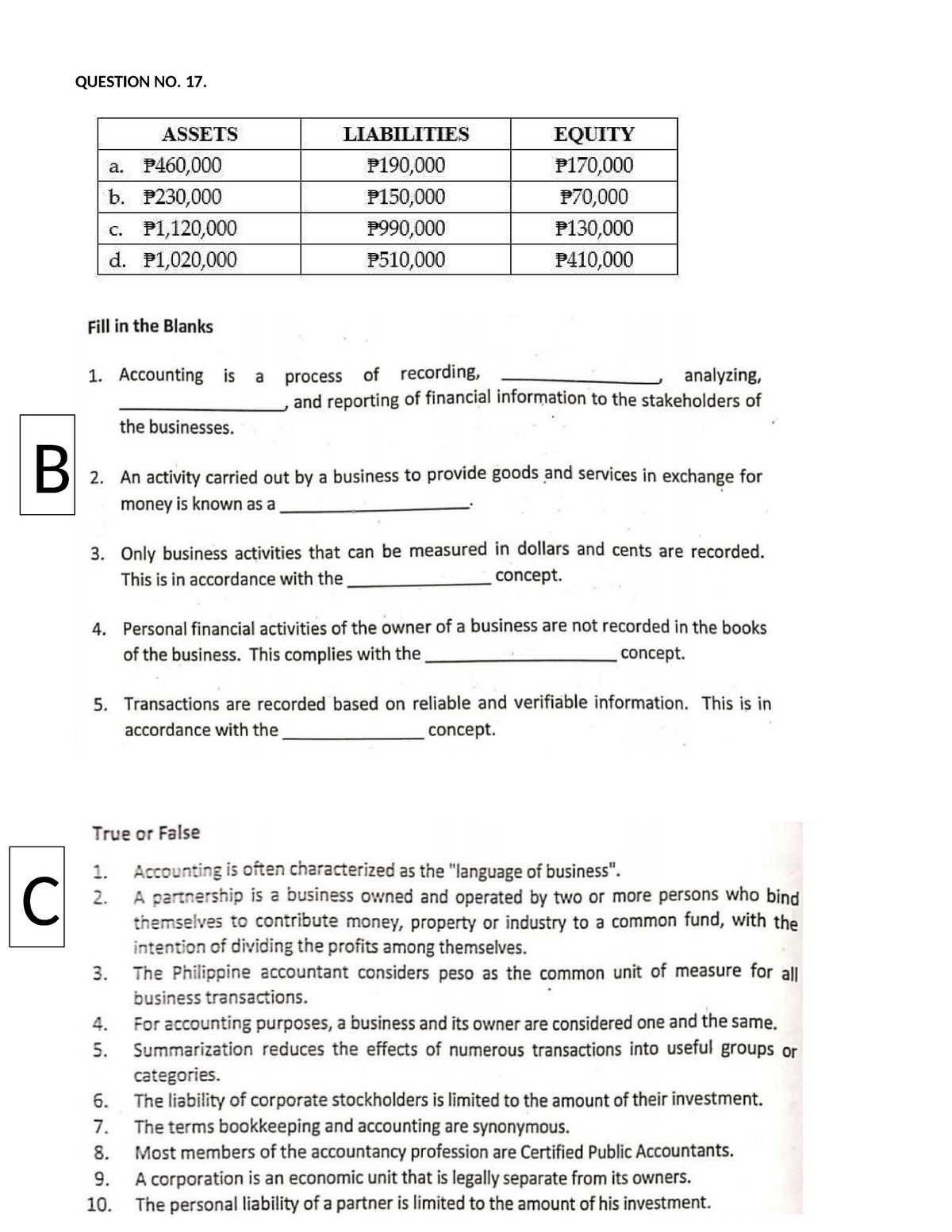 BAsic Exam - Exam - BS Accountancy - QUESTION NO. 17. B C - Studocu