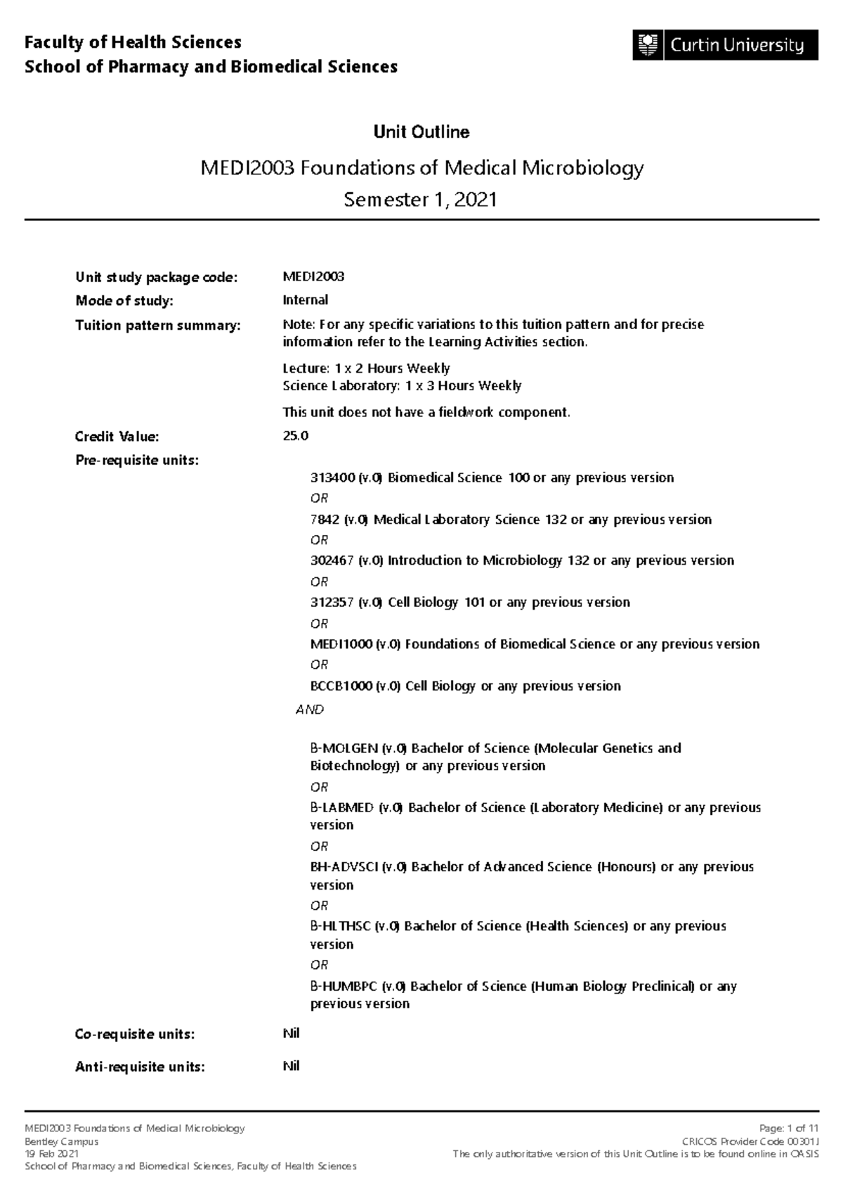 MEDI2003 Foundations of Medical Microbiology Semester 1 2021 Bentley ...