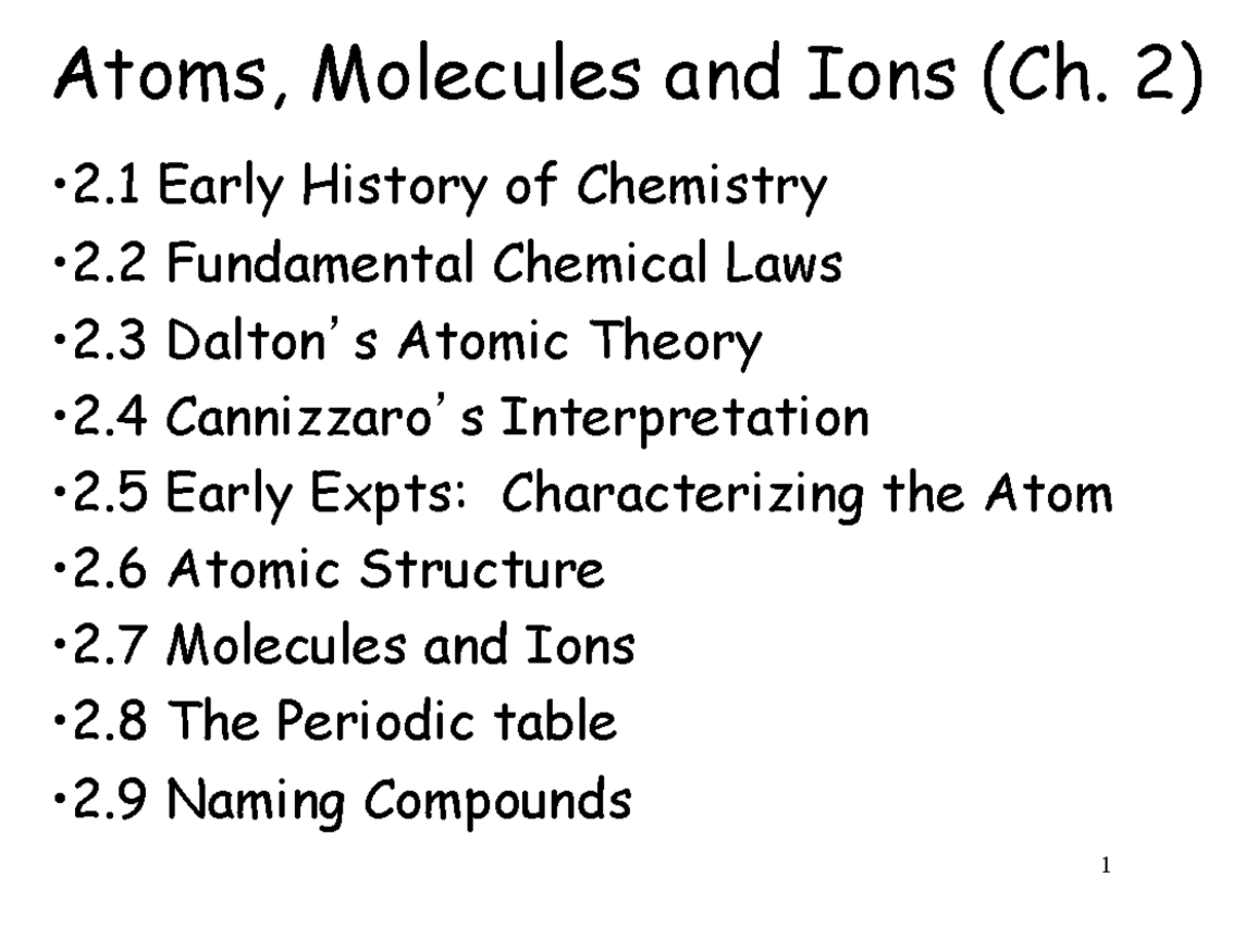 CHEM 121 Chapter 2 notes Fall 2023 - Atoms, Molecules and Ions (Ch. 2 ...