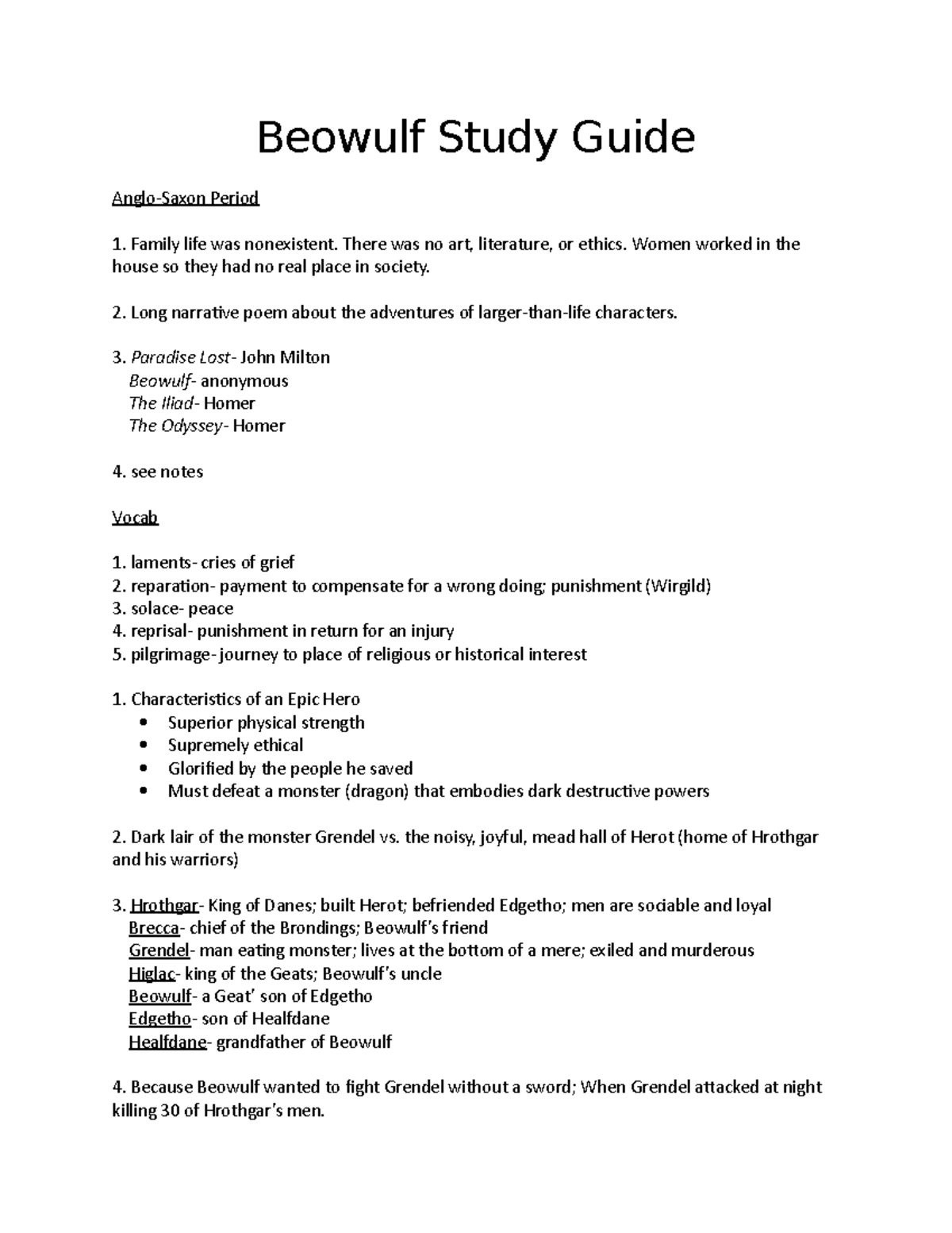 Beowulf Study Guide Lecture Notes 1 8 Beowulf Study Guide Anglo Saxon Period Family Life Was 