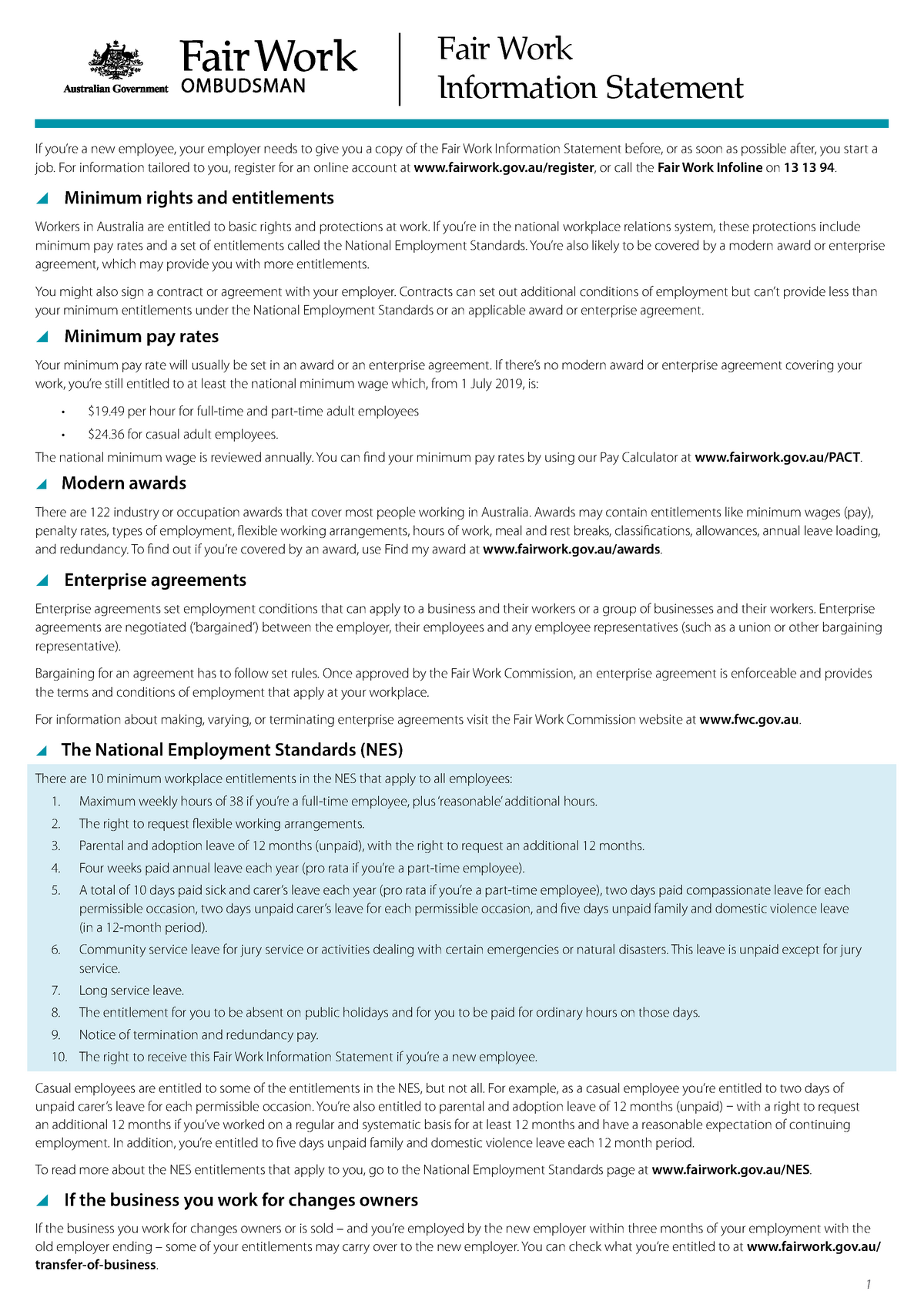 Fair Work Information Statement For Information Tailored To You Register For An Online 7711