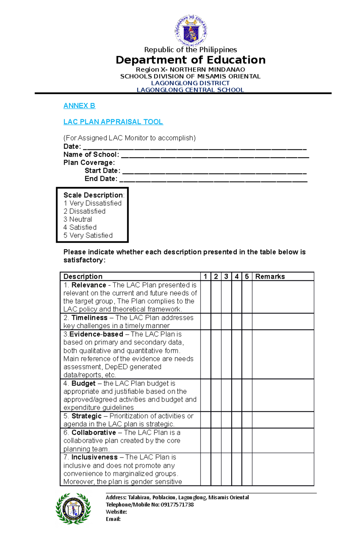 Annex B - Republic Of The Philippines Department Of Education Region X ...