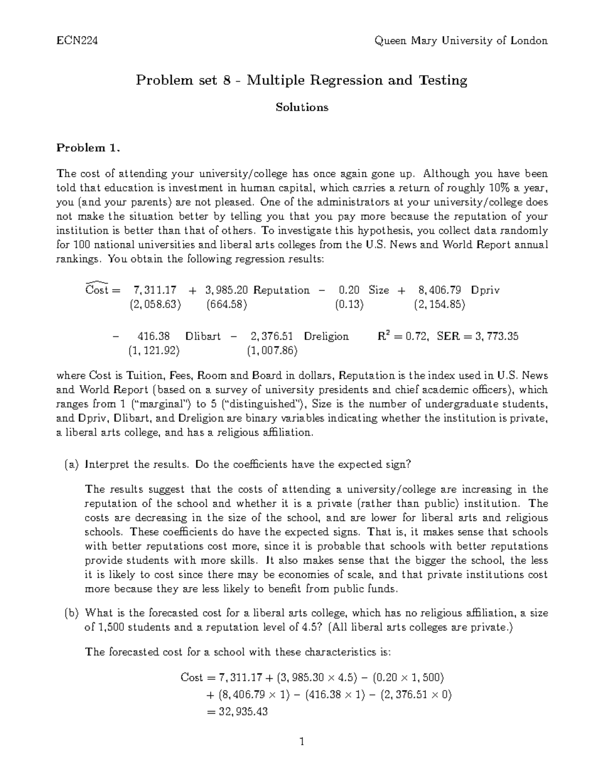 PS8 Solutions Econometrics - ECN224 Queen Mary University Of London ...