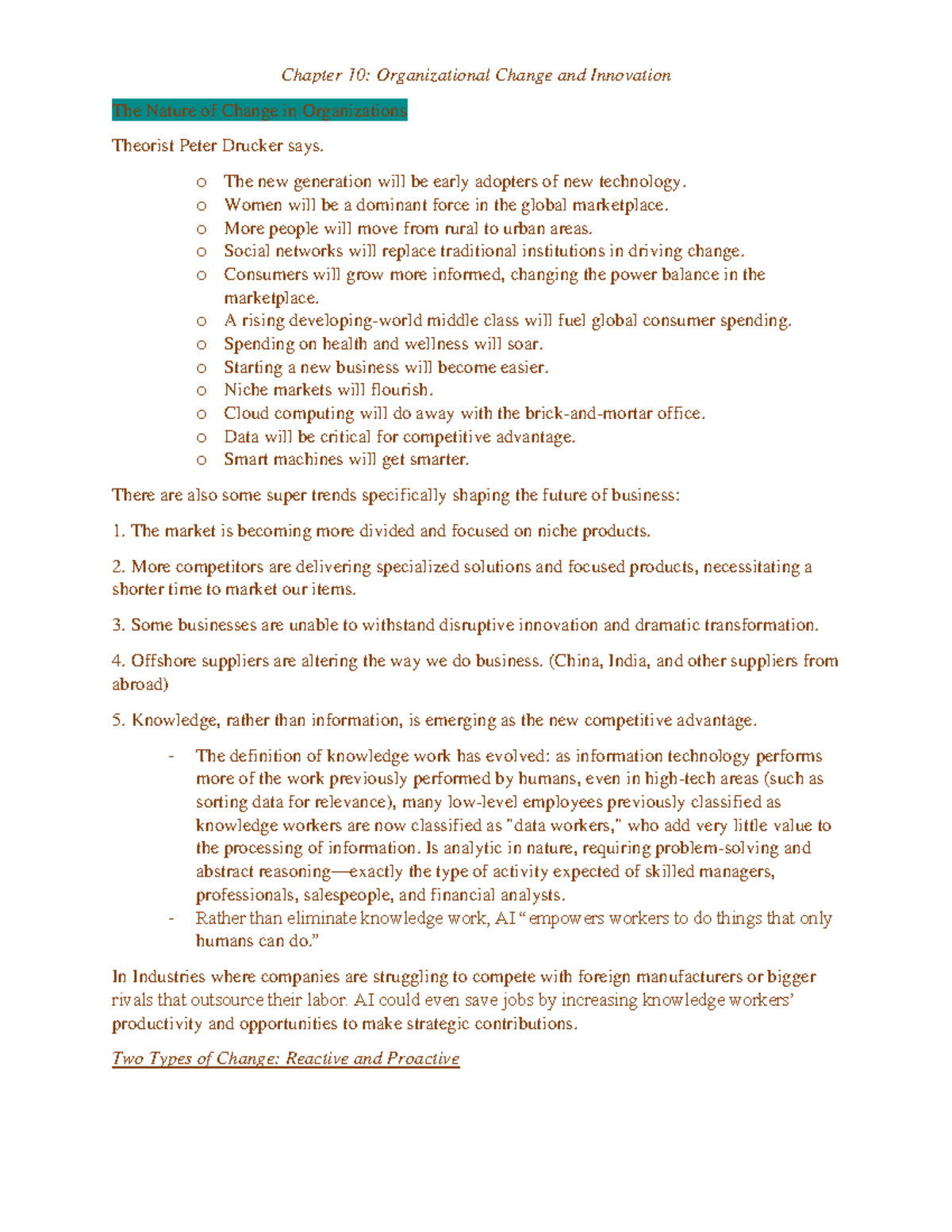 Chapter 10 business notes - Chapter 10: Organizational Change and ...