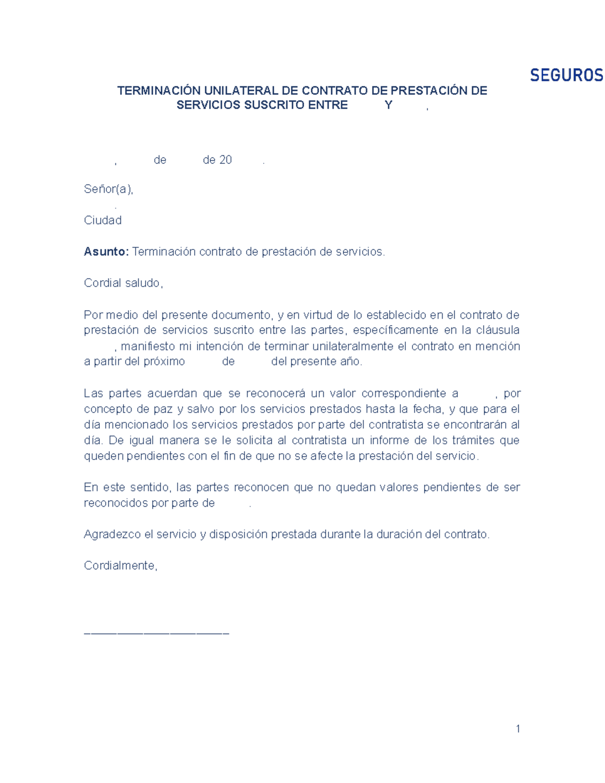 Minuta Carta Terminacion De Contrato Por Prestacion De Servicios