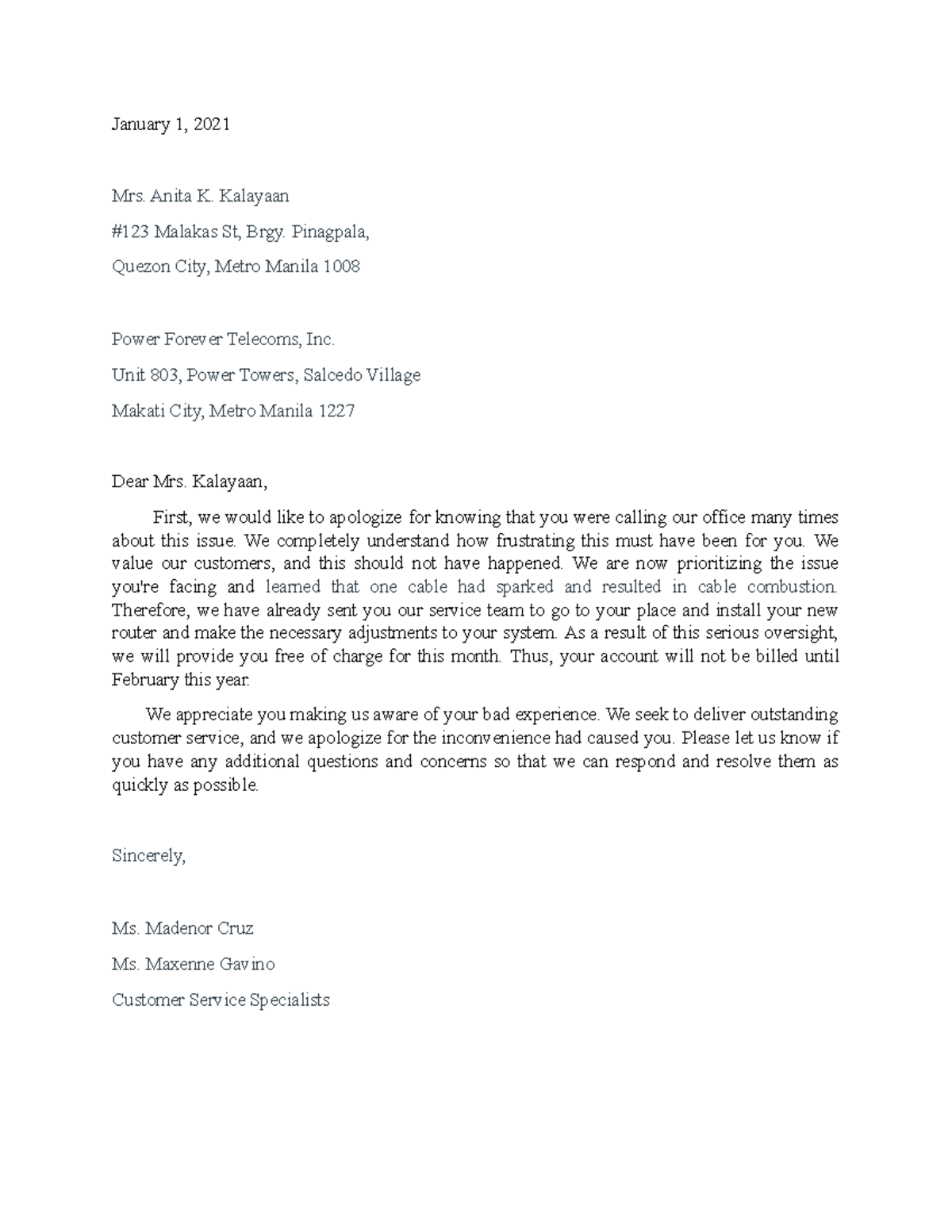 Act3m - Business Letter Writing (pair) - January 1, 2021 Mrs. Anita K 