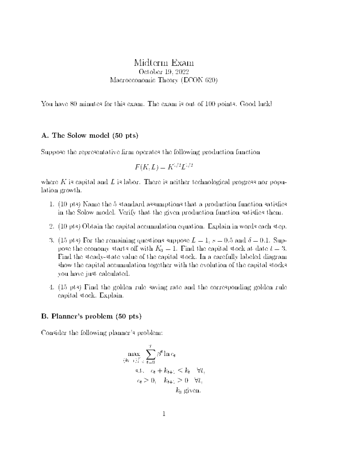 ECON620 Midterm - Past Paper - Midterm Exam October 19 , 2022 ...