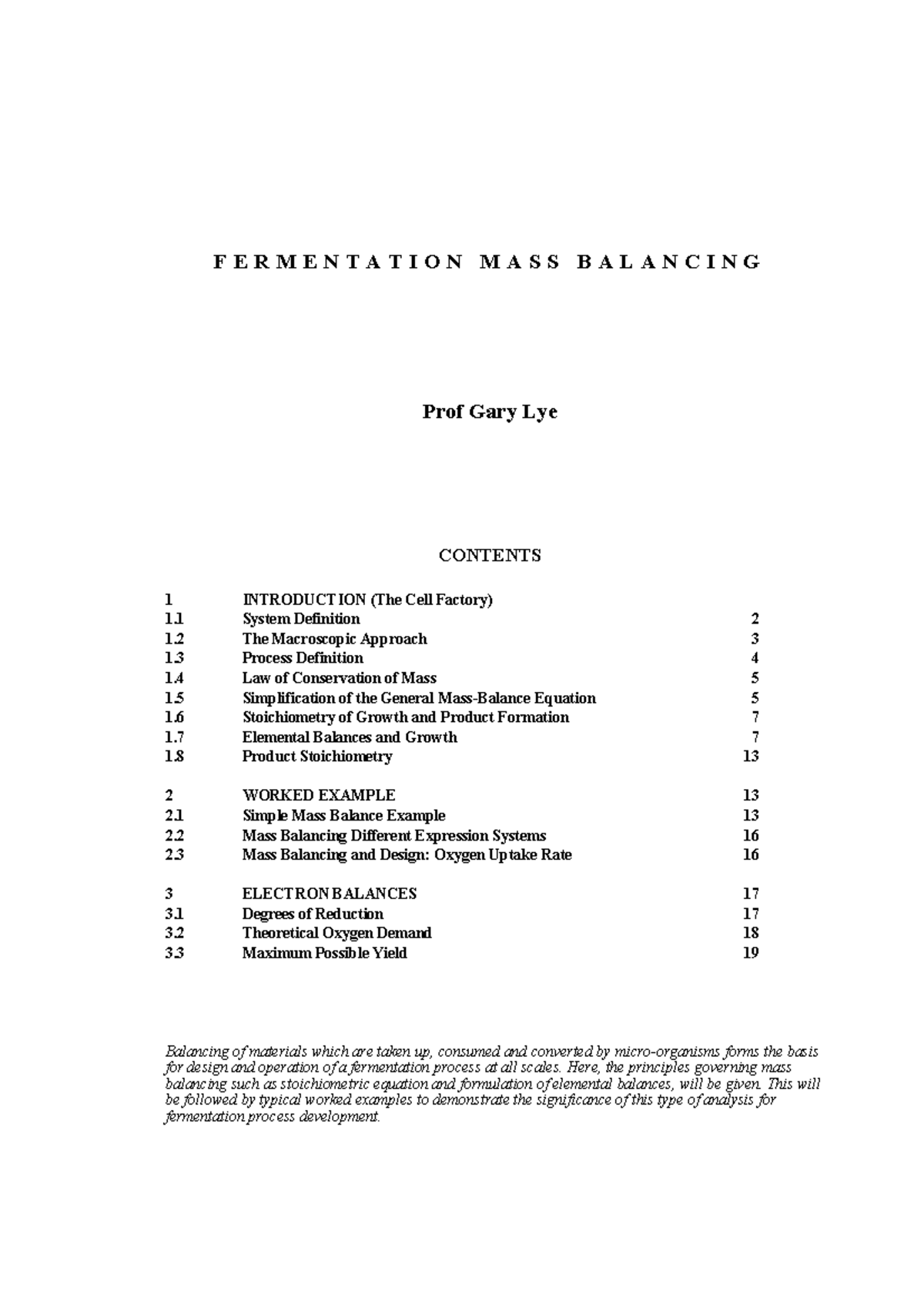 Week 7a Fermentation Mass Balancing Notes F E R M E N T A T I O N M