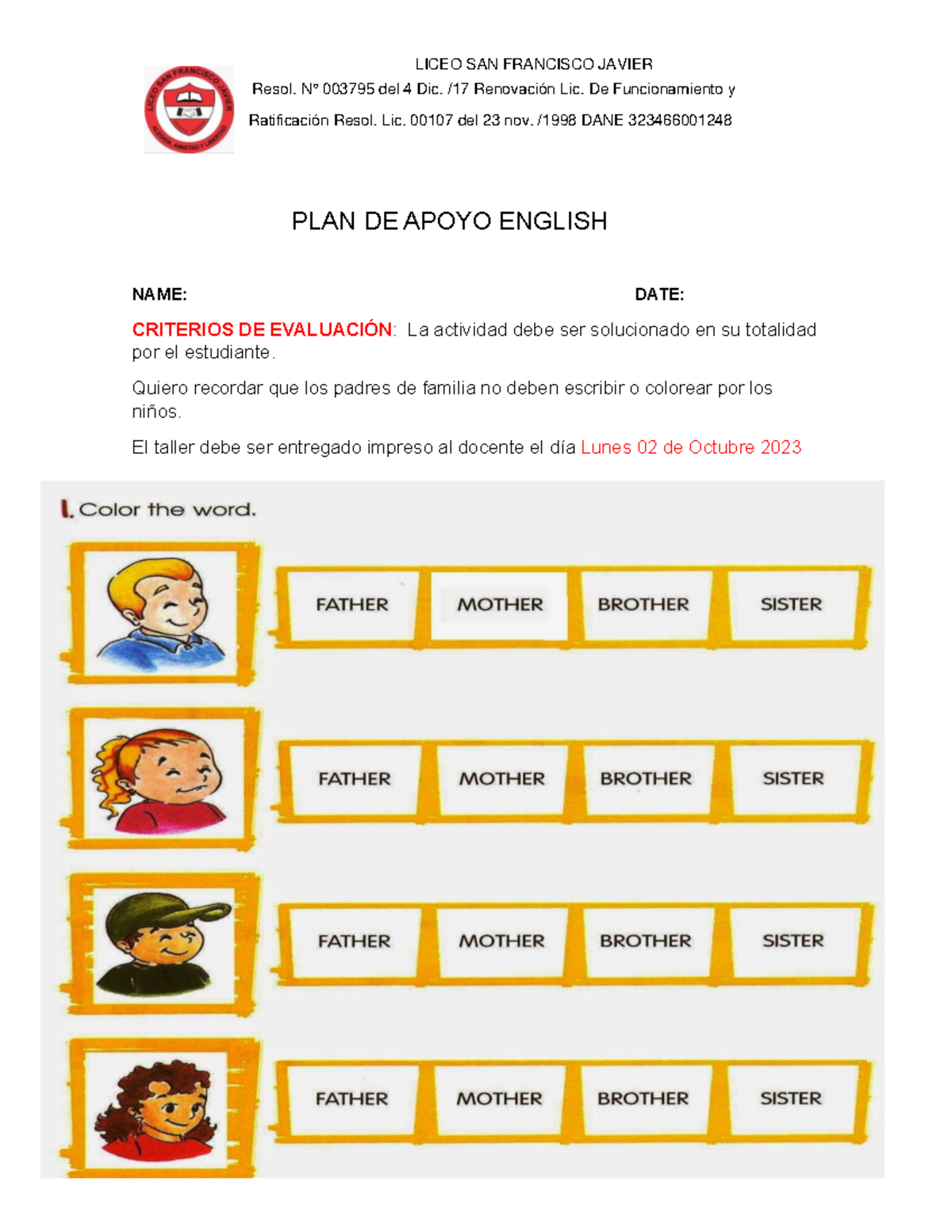 PLAN DE Apoyo English grado primero - Resol. N° 003795 del 4 Dic. /17 ...
