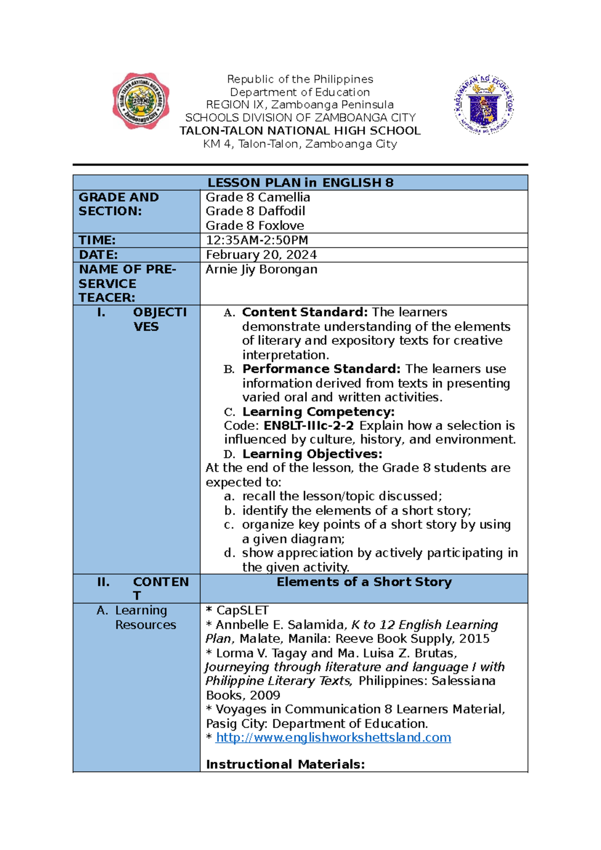 DAY2Lesson Plan Week 4(Elementsofa Short Story) - Republic of the ...