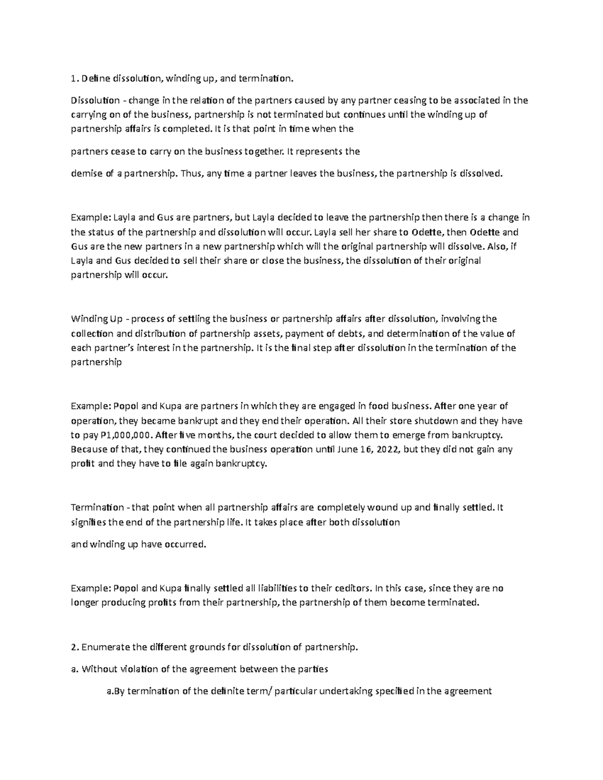 Ass 2 LAW Define dissolution, winding up, and termination