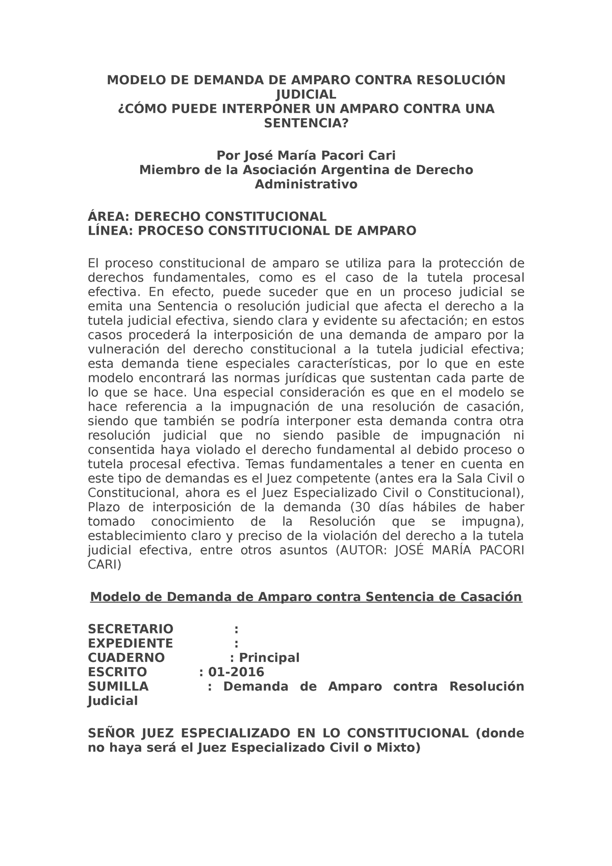 Modelo DE Demanda DE Amparo Contra Resolución Judicial - MODELO DE DEMANDA  DE AMPARO CONTRA - Studocu