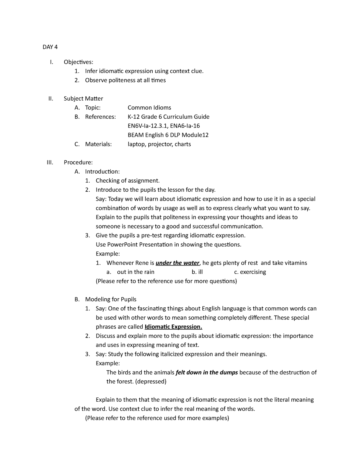 Day 4 This Is A Lesson Plan In English Grade 6 Lesson Plan Quarter 1 Day 4 Day 4 I 2118