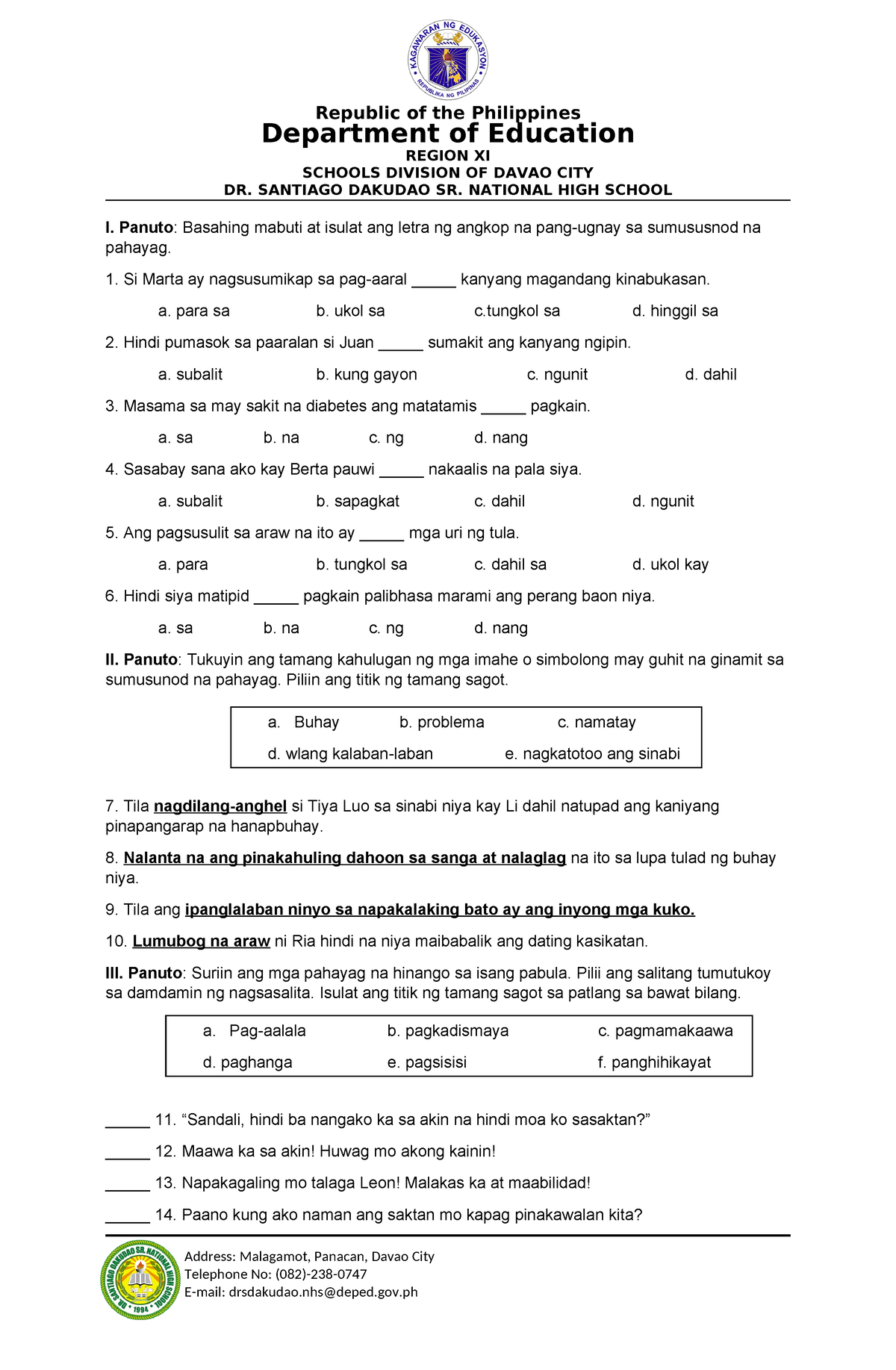 Q2 Tq Filipino 9 Republic Of The Philippines Department Of Education Region Xi Schools 