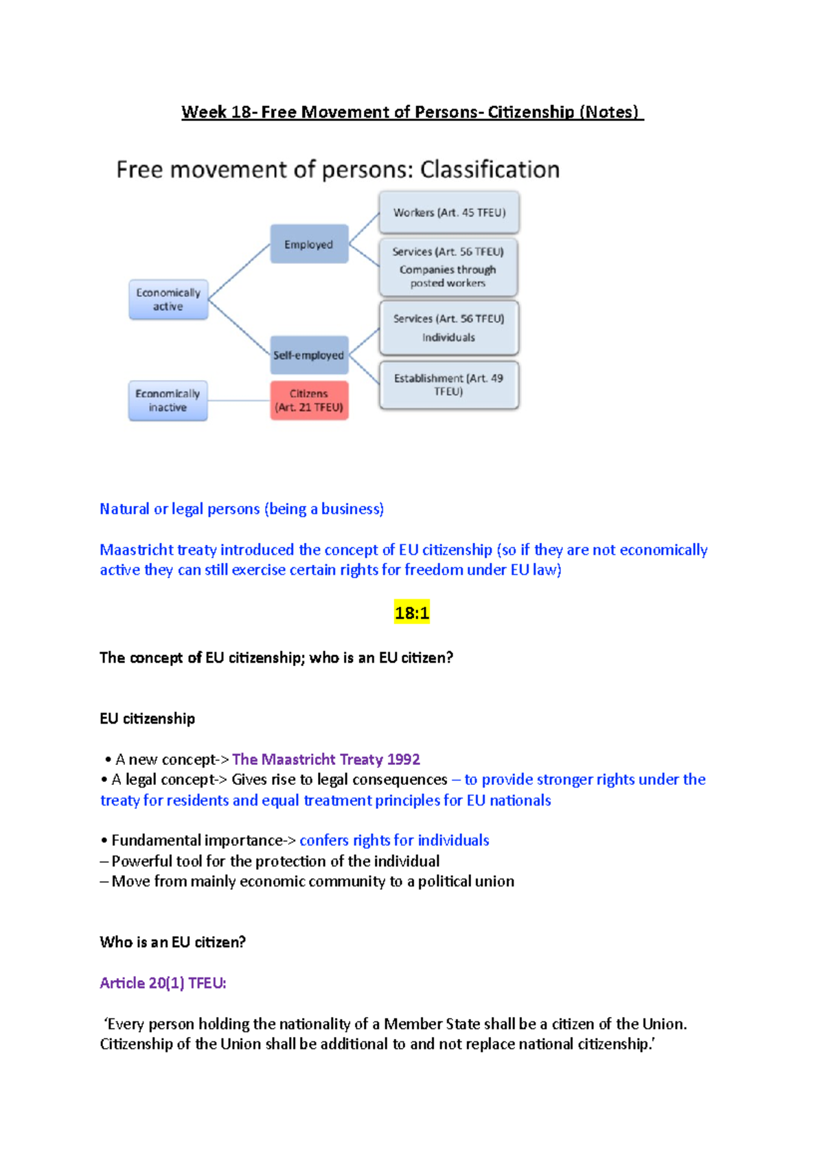 Week 18- Free Movement of Persons- Citizenship (Notes) - Citizenship of ...