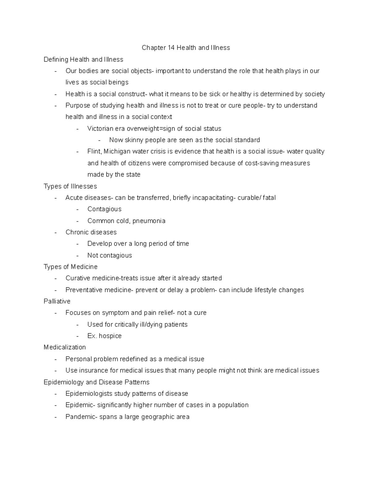 Sociology Notes 10 20 2020 - Chapter 14 Health and Illness Defining ...