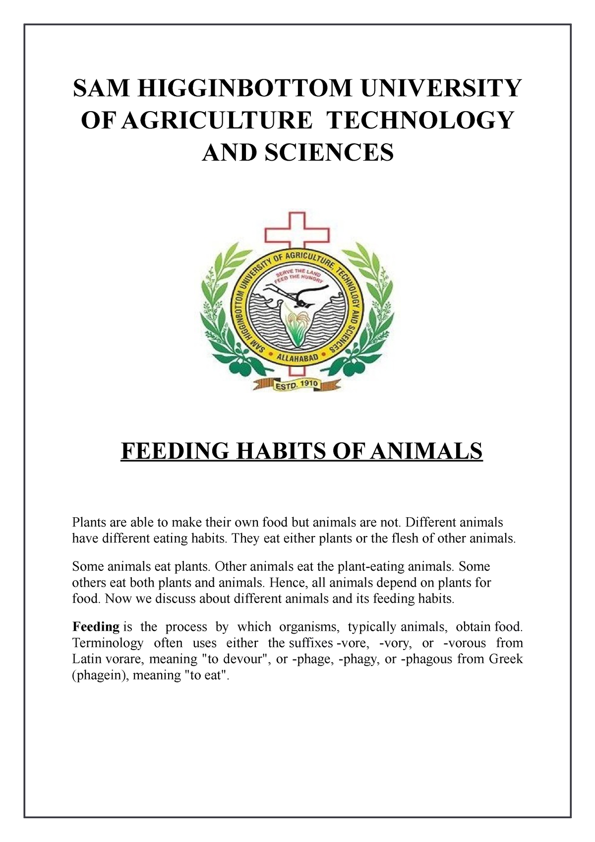 Feeding Habits of Animals 1 - SAM HIGGINBOTTOM UNIVERSITY OF AGRICULTURE  TECHNOLOGY AND SCIENCES - Studocu