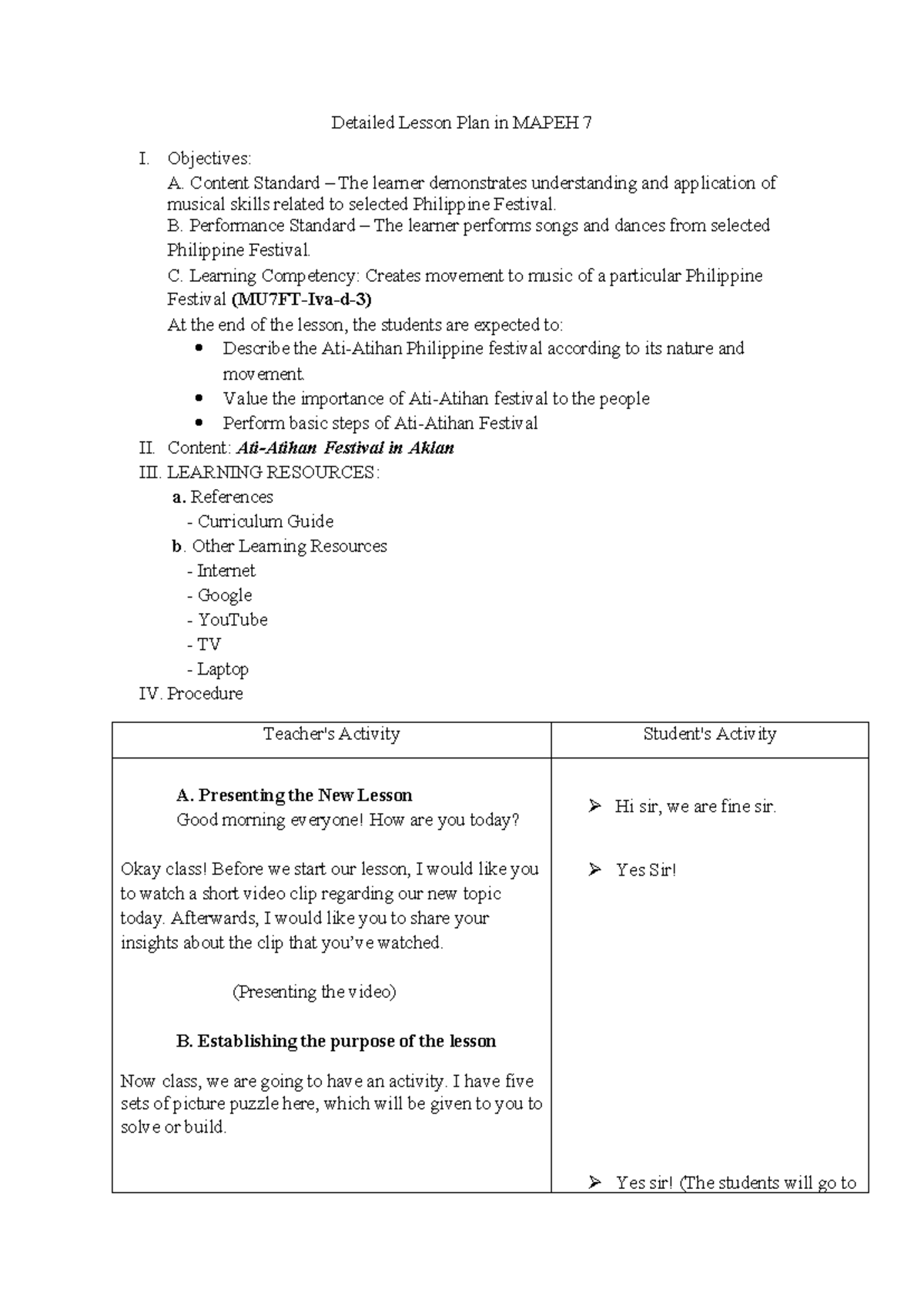 Detailed Lesson Plan in Mapeh music 4th quarter - Detailed Lesson Plan ...