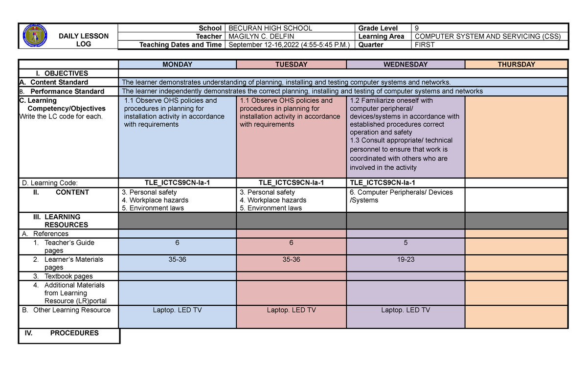 DLL ICT 9 1ST Quarter WEEK 3 - DAILY LESSON LOG School BECURAN HIGH ...