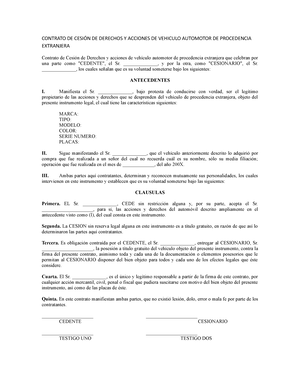Contrato DE Cesión DE Derecho s Y Acciones DE Vehiculo Automotor DE  Procedencia Extranjera - Studocu