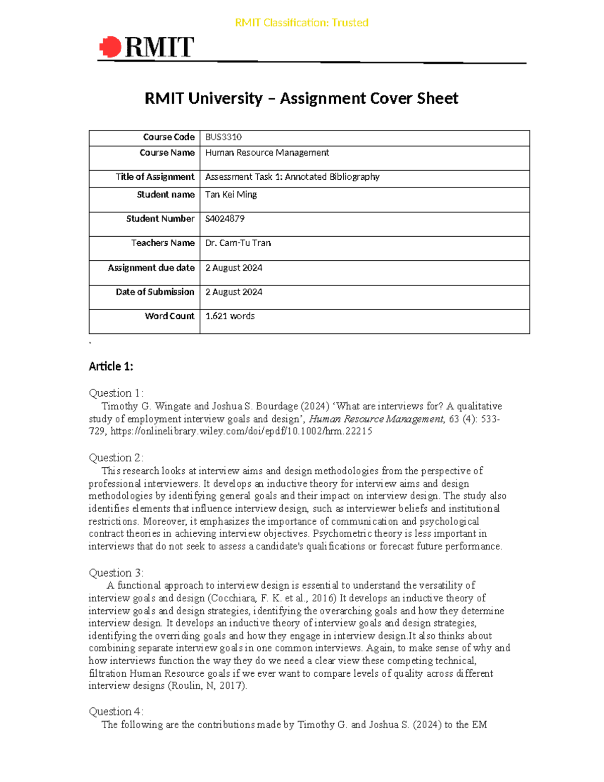 HNBUS3310 assi RMIT University Assignment Cover Sheet Course Code BUS 3310 Course Name