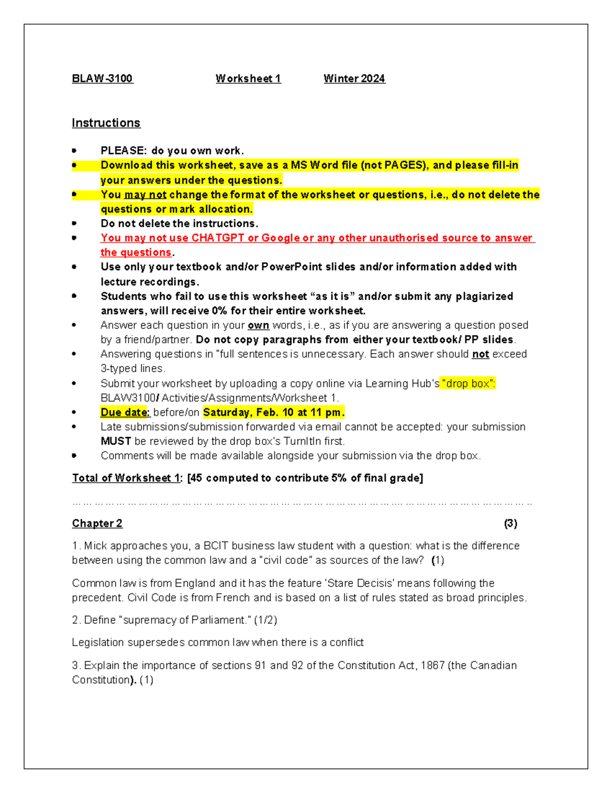 Worksheet-1-2024 - BLAW-3100 Worksheet 1 Winter 2024 Instructions ...